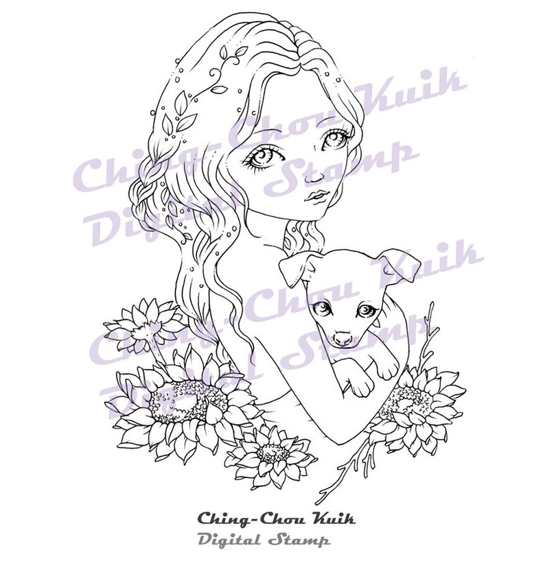 My Little Sunshine Digital Stamps Instant Download / Animal Puppy Dog Sunflower Fantasy Fairy Girl Art by Ching-Chou Kuik image 1