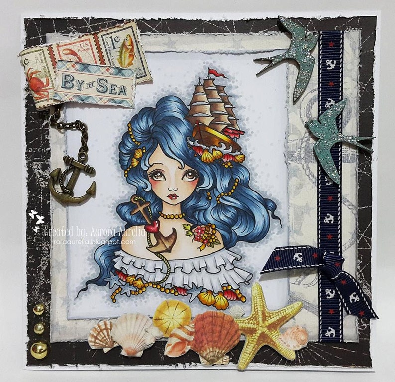 Bon Voyage My Love Digital Stamp Instant Download / Sail Boat Heart Ocean Tattoo Love Girl Vintage Fantasy Fairy Art by Ching-Chou Kuik image 2