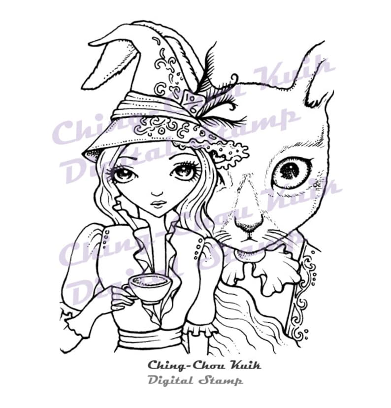 Mad Tea Party Instant Download / Animal Rabbit Bunny Alice In Wonderland Witch Fantasy Fairy Girl Art by Ching-Chou Kuik image 1