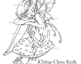 Toadstool Fairy - Digital Digi Stamp Instant Download / Snail Mushroom Fantasy Art by Ching-Chou Kuik