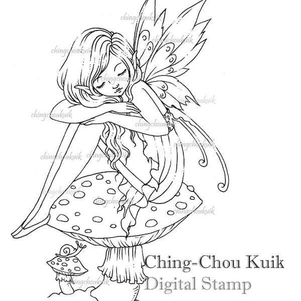 Toadstool Fairy - Digital Digi Stamp Instant Download / Snail Mushroom Fantasy Art by Ching-Chou Kuik