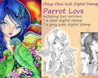 Parrot Love- Coloring Page PRINTABLE Instant Download Grey Scale Digital Stamp/Bird Fantasy Girl Art by Ching-Chou Kuik