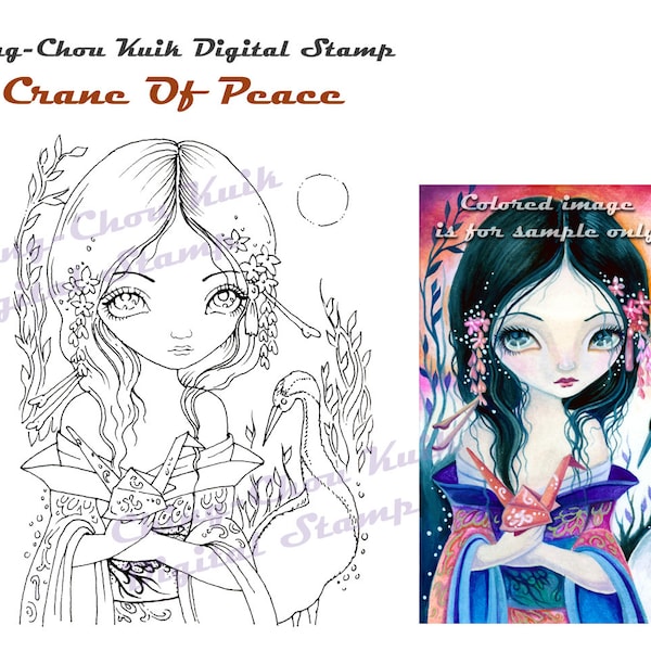 Crane Of Peace -Digital Stamp Coloring Page Instant Download/ Origami Crane Kimono Japanese Girl Fantasy Art by Ching-Chou Kuik