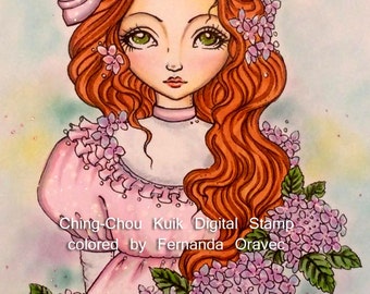 Hydrangea in bow - Digital Stamp Instant Download / Fantasy Flower Flora Sweet Lady Girl Art by Ching-Chou Kuik