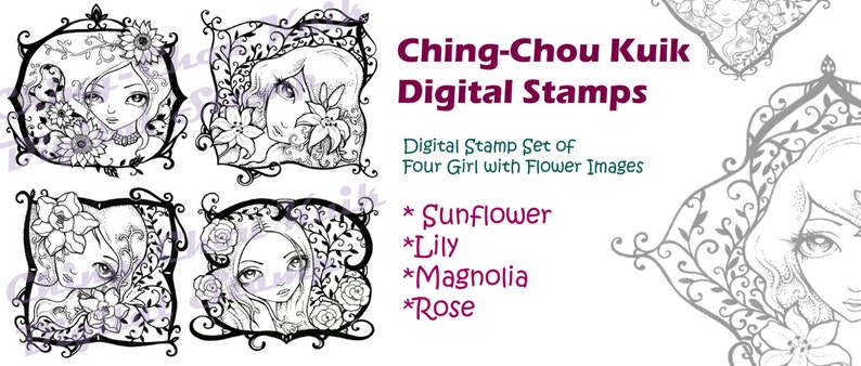 Digital Stamp Set of 4 Girl with Flower Images Instant Download / Rose Lily Sunflower Magnolia Pattern Line Art by Ching-Chou Kuik image 1