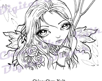 Seeing Through - Instant Download Digital Stamp / Big Eyed Gothic Lace Rose Flower Dryad Fantasy Fairy Girl by Ching-Chou Kuik