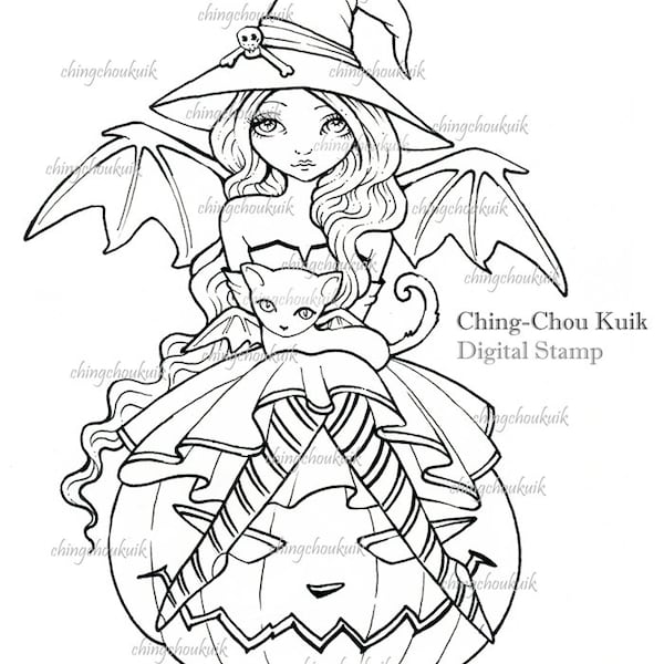 Big Pumpkin- Digital Digi Stamp Instant Download / Halloween Witch Fantasy Art by Ching-Chou Kuik