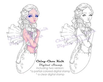 Seashell - PRINTABLE Instant Download Digital Stamp Coloring Page / Fantasy Mermaid Ocean Lady Girl Art by Ching-Chou Kuik