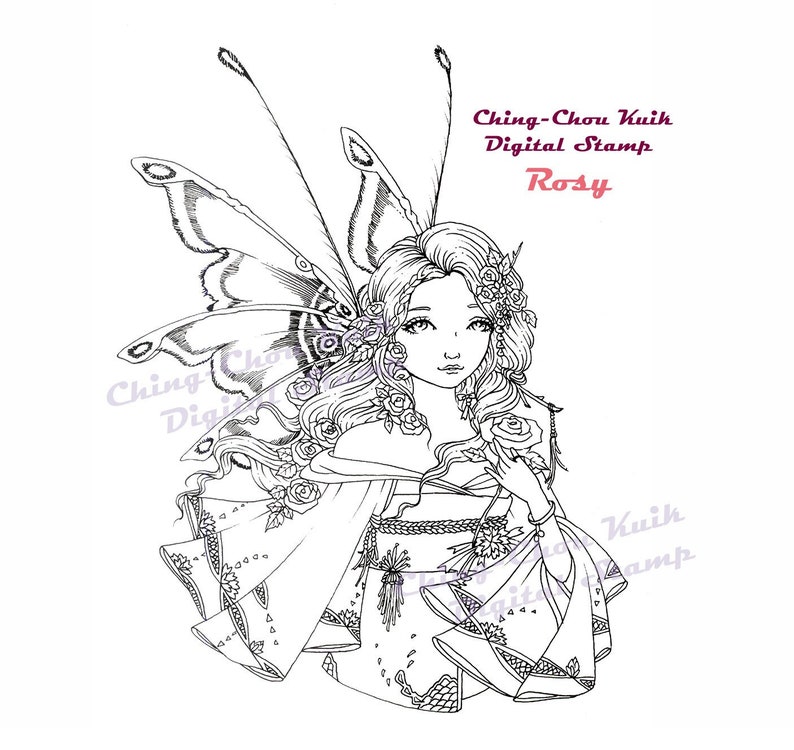 Rosy Digital Digi Stamp Instant Download /Oriental Kimono Lady Girl Butterfly Rose Flower Fantasy Art by Ching-Chou Kuik image 1