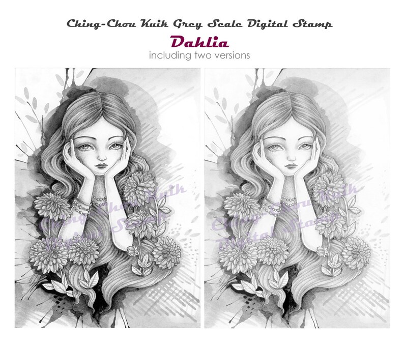 Dahlia Grey scale PRINTABLE Instant Download Coloring Page Digital Stamp /Flower Girl Fantasy Art by Ching-Chou Kuik image 2