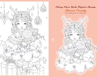 Sweet Candy - Digital Digi Stamp Instant Download /Merry Xmas Christmas Candy  Lollipop Girl Fantasy Art by Ching-Chou Kuik