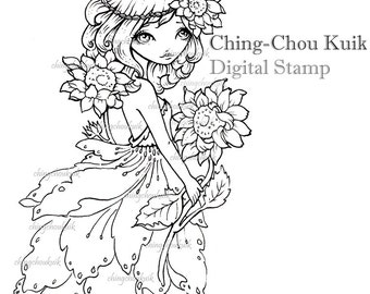 Sunshine - Digital Stamp Instant Download /  Sunflower Girl Lil Sweetie Mia by Ching-Chou Kuik