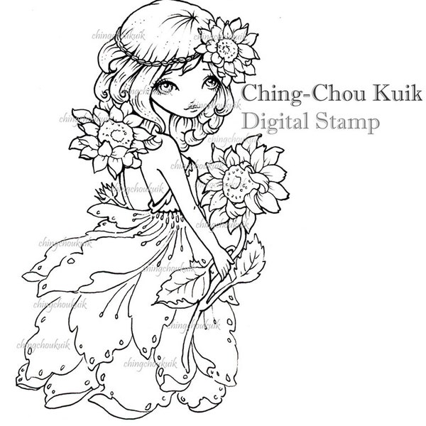 Sunshine - Digital Stamp Instant Download /  Sunflower Girl Lil Sweetie Mia by Ching-Chou Kuik