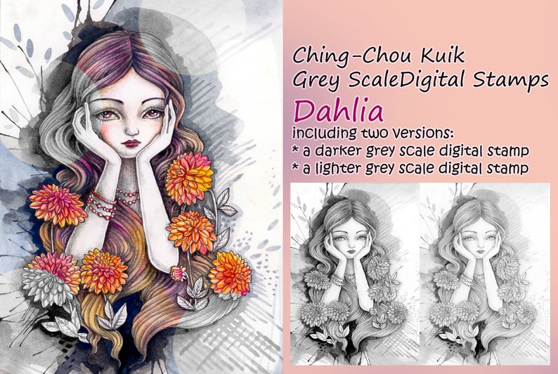 Dahlia Grey scale PRINTABLE Instant Download Coloring Page Digital Stamp /Flower Girl Fantasy Art by Ching-Chou Kuik image 1