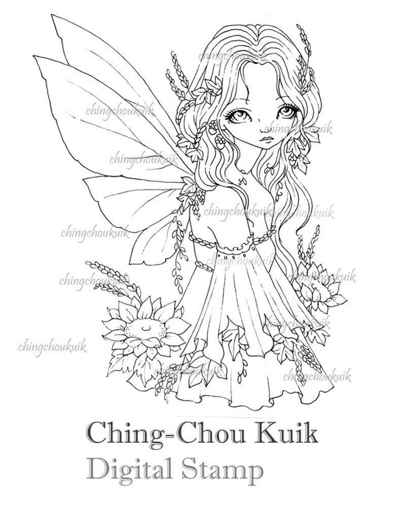 Autumn's Here Instant Download / Autumn Sunflower Harvest Flower Fantasy Fairy Girl Art by Ching-Chou Kuik image 1