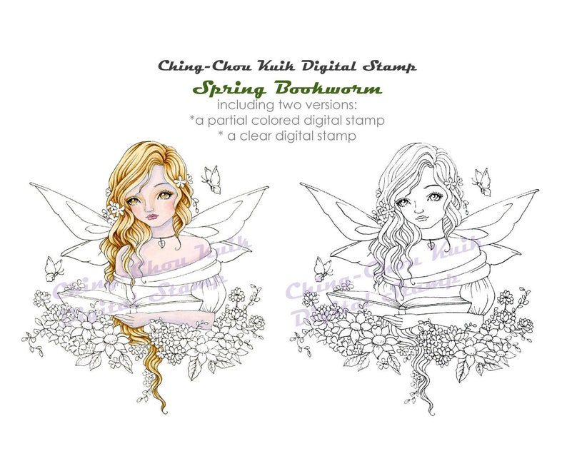 Spring Bookworm Instant Download Digital Stamp Coloring Page/ Flower Butterfly Book Fairy Girl Fantasy Art by Ching-Chou Kuik image 1