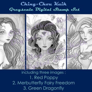 Fantasy Fairy Set 1 Greyscale PRINTABLE Instant Download Digital Stamp/ Butterfly Dragonfly Flower Girl Art by Ching-Chou Kuik image 2