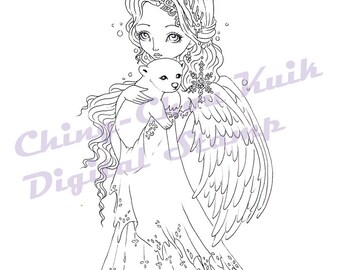 Polar Snow -Digital Digi Stamp Instant Download / Winter Snow Snowflake Angel Animal Polar Bear Fantasy Fairy Girl Art by Ching-Chou Kuik