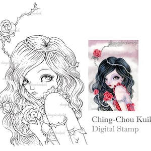 Rose with Thorns Digital Stamp Instant Download / Rose Thorn Fairy Girl by Ching-Chou Kuik image 1