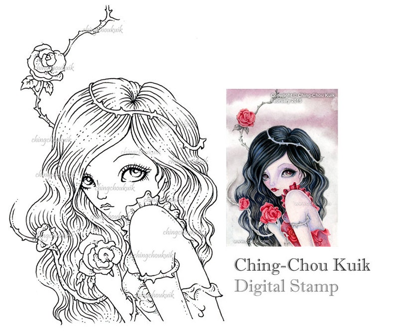 Rose with Thorns Digital Stamp Instant Download / Rose Thorn Fairy Girl by Ching-Chou Kuik image 1