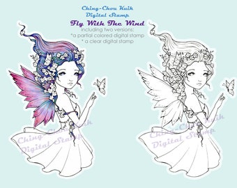 Fly With The Wind- Coloring Page PRINTABLE Instant Download Digital Stamp/Butterfly Flower Girl Fairy Art by Ching-Chou Kuik