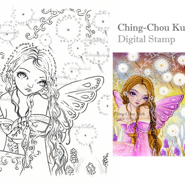 Dandelion Dream - Digital Stamp Instant Download / Kimono Japanese Fairy Art by Ching-Chou Kuik