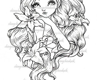 Lily - Digital Stamp Instant Download / Flower Lady Fantasy Art by Ching-Chou Kuik