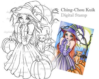 Night At The Pumpkin Patch - Digital Digi Stamp Instant Download / Halloween Witch Fantasy Art by Ching-Chou Kuik