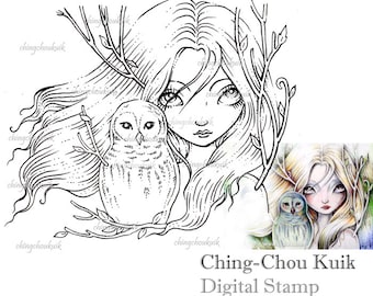 New Leaves - Digital Stamp Instant Download / Bird Owl Life Dryad Fairy Fantasy Art by Ching-Chou Kuik