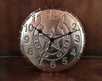 Horseshoe Star Clock Silver 7th Anniversary Tin Gift Horse Show Trophy Hand Punched 10 Inch USA Handmade By Larry West