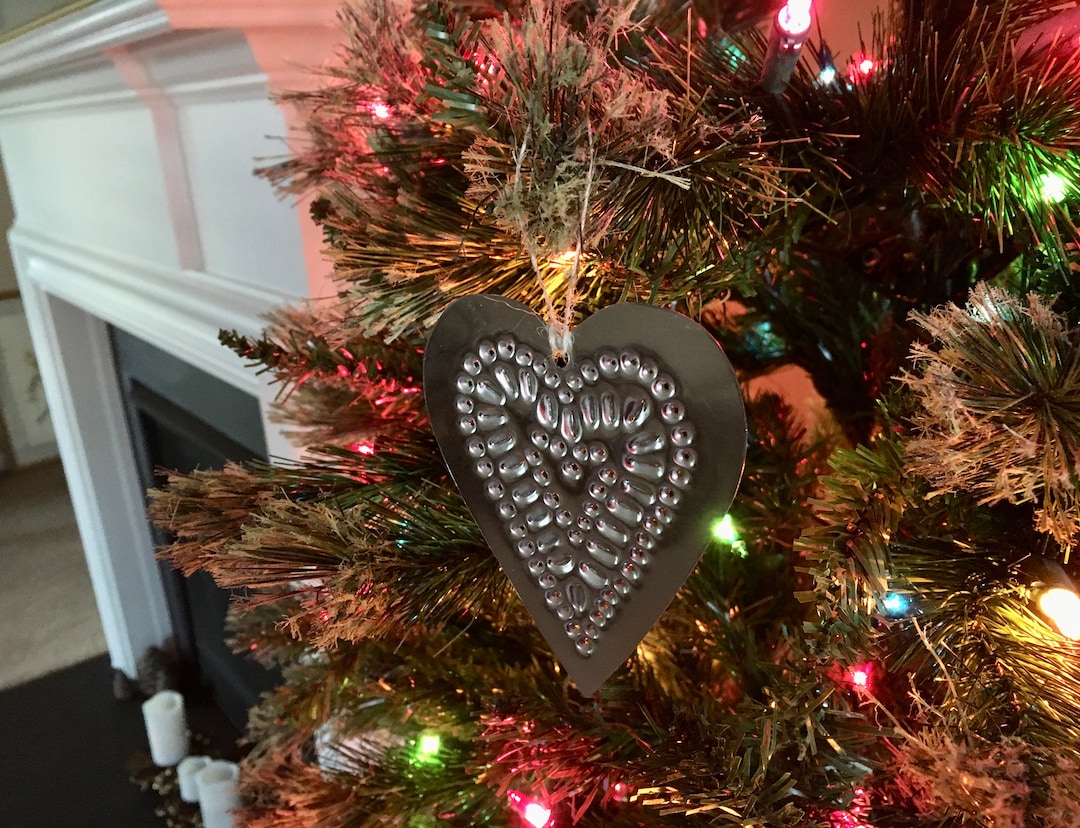 Primitive Tin Heart Ornament Hand Cut 10th Anniversary Gift Silver