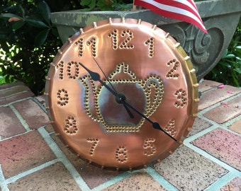 Teapot Wall Clock Solid Copper 10 Inch Metal Hand Punched Copper7th Anniversary Gift USA Handmade By Larry West