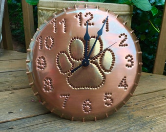 Paw Print Copper Wall Clock Dog Clock Metal Rustic 10 Inch Hand Punched Handmade USA Pet Lover Gift Dog Show Trophy By West Tinworks