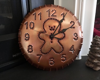 Handmade Solid Copper Gingerbread Man Wall Clock 10 Inch -  Rustic Kitchen Decor