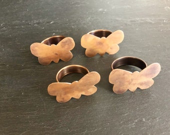 Butterfly Napkin Rings SOLID Copper Set of Four Hand Cut Rustic Vintage Look Made in the USA 7TH  Anniversary Gift By Larry West