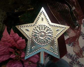 Christmas Star Tree Topper 9 Inch Punched Tin Hand Cut Made in the USA Primitive Country Wagon Wheel Design Handcrafted By Larry West