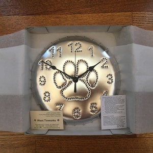 Paw Print Wall Clock Dog Clock 10 Inch in gift box Tin Punch Pet Owner Gift Dog Show Trophy Silver Metal USA Handmade By West Tinworks image 3