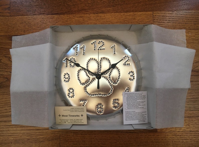 Paw Print Wall Clock Dog Clock 10 Inch in gift box Tin Punch Pet Owner Gift Dog Show Trophy Silver Metal USA Handmade By West Tinworks image 3