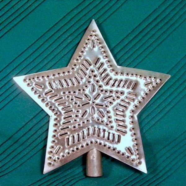 Hand Punched Tin Star Tree Topper 9 Inch: Star-in-Star Design, USA Made