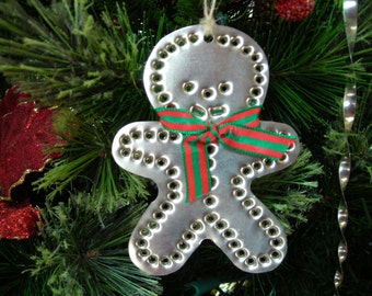 Gingerbread Boy Tin Ornament Silver Metal Tin Punch Old Fashioned Hand Cut By West Tinworks