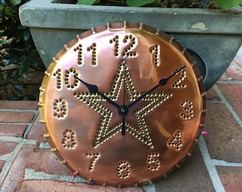 Star Wall Clock Copper Rustic 10 Inch Seventh Anniversary Hand Punched Copper USA Handmade By Larry West