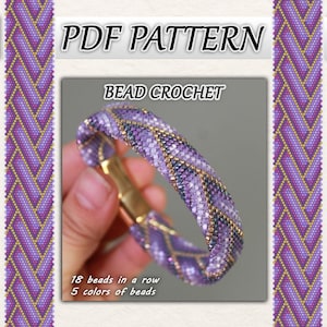May include: A close-up of a beaded crochet bracelet in purple, gold, and blue. The bracelet is held in a hand and has a chevron design. The image includes the text "PDF PATTERN" and "BEAD CROCHET". The description also includes "18 beads in a row" and "5 colours of beads".
