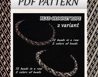 Perlen-Häkelanleitung für eine Halskette/Armband - Rote Diagonale Goldstreifen-Rore (PDF-Muster). Kordel Gold und Schwarz Schmuck
