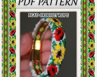 Floral Bead häkeln Muster PDF, Sonnenblume und Mohn Perle Halskette oder Armband Muster, Perlen Seil Muster, Instant Download