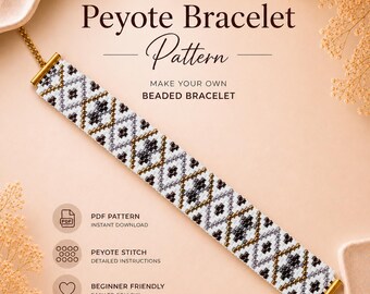 Neutral Peyote Armband Muster, Perlen Manschette PDF Anleitung, schwarz weiß Perlenarmband, DIY Schmuck Muster, Instant Download