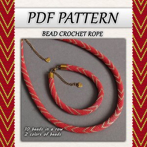 May include: A red and gold beaded crochet rope necklace and bracelet set. The jewelry features a diagonal pattern with gold accents. The image also includes the text "PDF PATTERN" and "BEAD CROCHET ROPE".