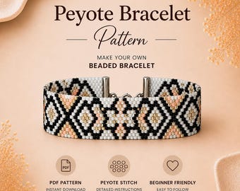 Schwarz weißes Peyote Armband Muster, PDF Anleitung, Elegantes Perlen Armband, DIY Schmuck Muster, Instant Download