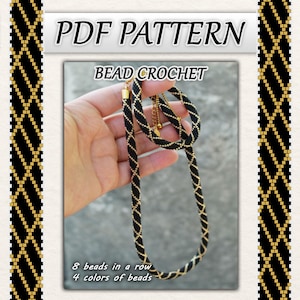 Puede incluir: Un collar de ganchillo de cuentas negras y doradas con un diseño de cuerda trenzada. La imagen incluye el texto "PDF PATTERN" y "BEAD CROCHET". El texto también indica "8 cuentas en una fila" y "4 colores de cuentas".
