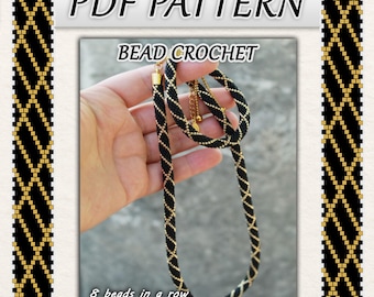 Perlen-Häkelketten-Muster – diagonal gestreifter Schmuck, gold & schwarz (PDF-Muster)