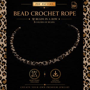 May include: A black background features a beaded crochet rope with a leopard print design. The text reads "BEAD CROCHET ROPE" and "12 BEADS IN A ROW". Additional text includes "PDF PATTERN", "BEAD CHART INCLUDED", and "INSTANT DOWNLOAD".